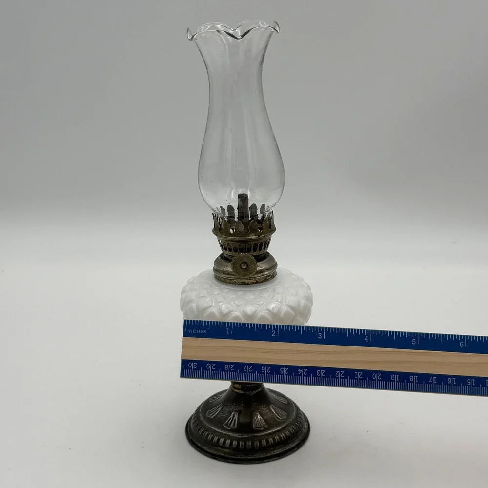 Vintage Miniature Milk Glass Oil Lamp White Hobnail Diamond Pattern Brass Base